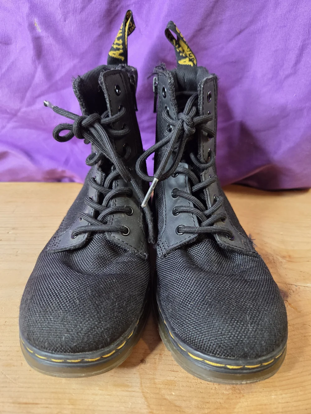Dr. Martens Black Canvas Lace-Up Boots with Yellow Stitching